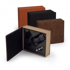 square boxes of wine accessory sets in four different colors